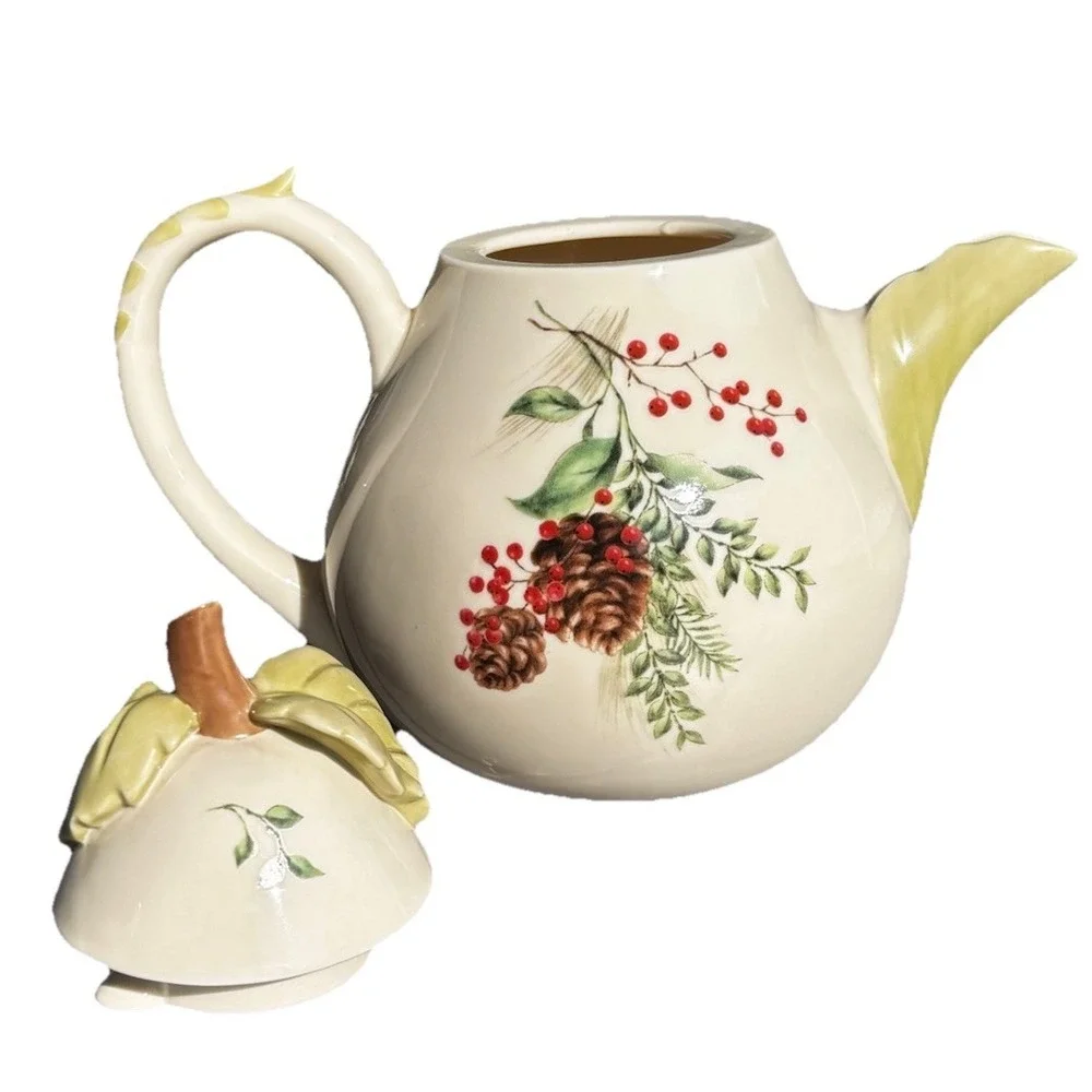 Lenox Williamsburg Boxwood Pine Holiday Teapot Lid Pinecone Berry Festive